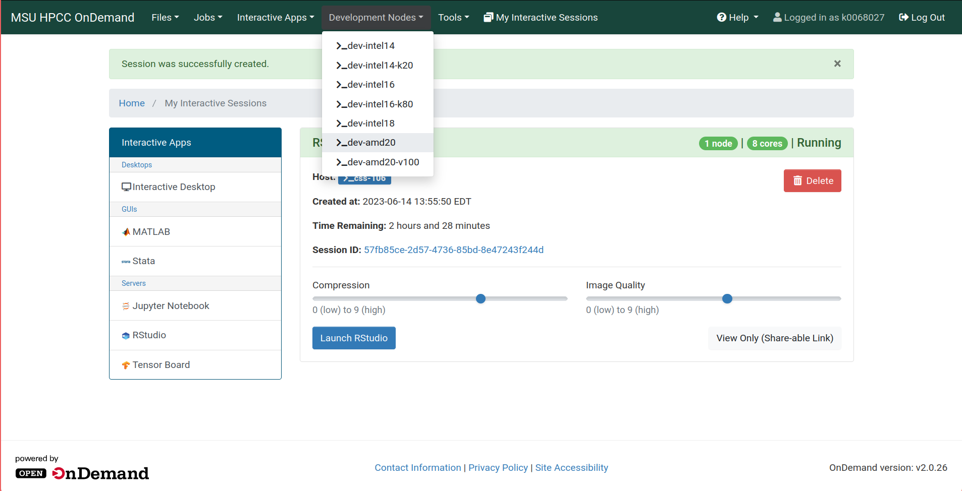 The Development Nodes dropdown from the OnDemand navigation bar showing the development nodes accessible on the HPCC