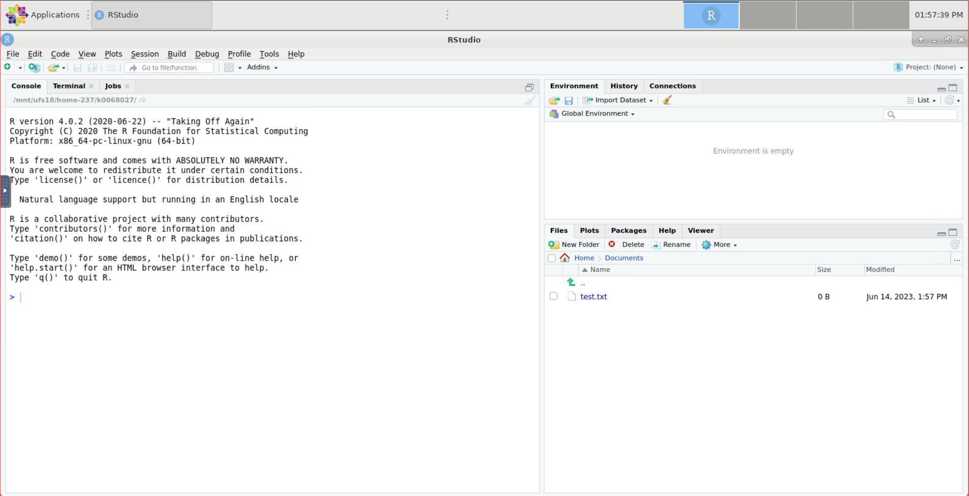 An interactive desktop showing a new RStudio session. An R console takes up the left half of RStudio, and the right half is split between an environment section on top and a file browser on bottom.